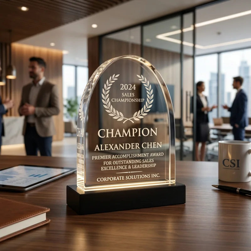 Placa de cristal en arco curvo grabada con láser e iluminación LED para campeonatos de ventas