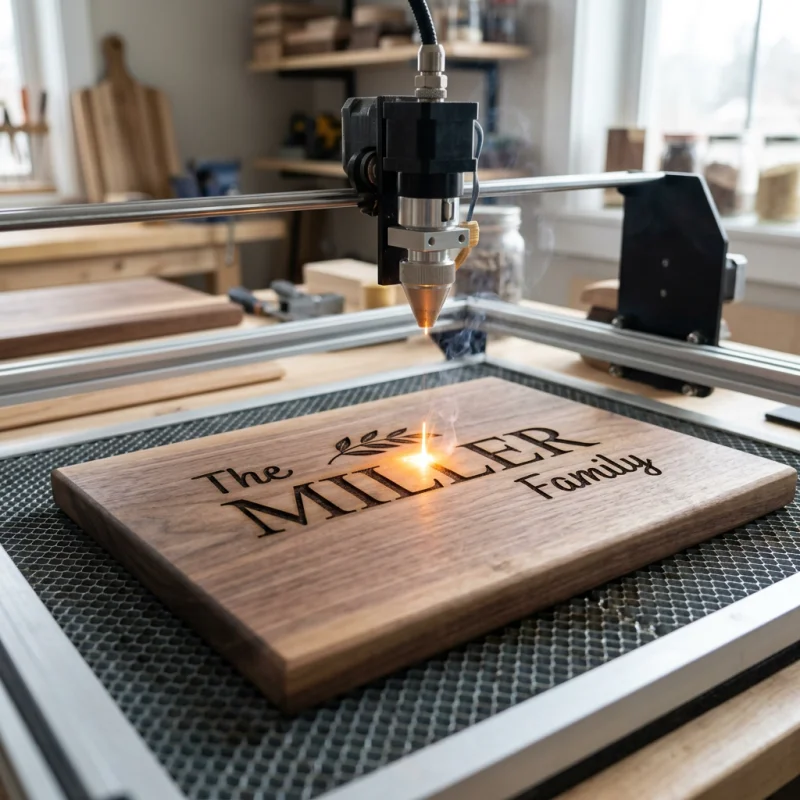 CO2 laser beam focal point carbonizing custom hardwood cutting board