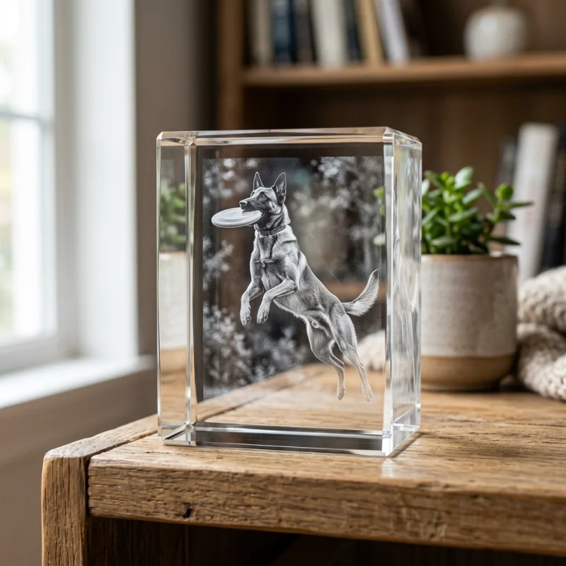 A 3D laser engraved crystal block depicting a Belgian Malinois catching a flying disc mid-air
