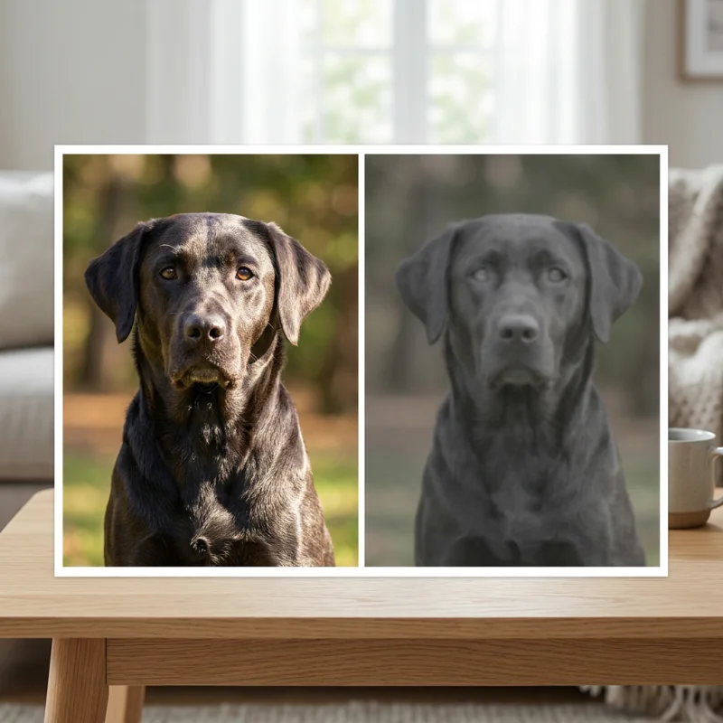 Side-by-side comparison of good high-contrast dog photos versus blurred low-contrast photos for crystal engraving