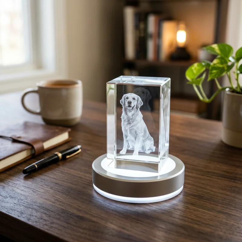A cool white LED base illuminating a 3d crystal dog keepsake on a dark wood desk