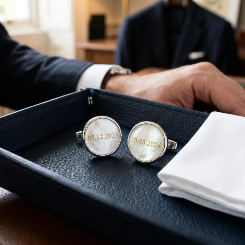 Custom laser engraved white mother of pearl cufflinks with gold foil filled date inscriptions set in silver