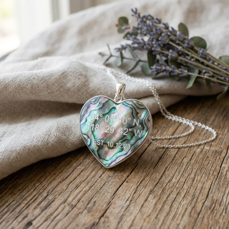 Custom abalone shell pendant laser engraved with geographic coordinates and silver foil inlay