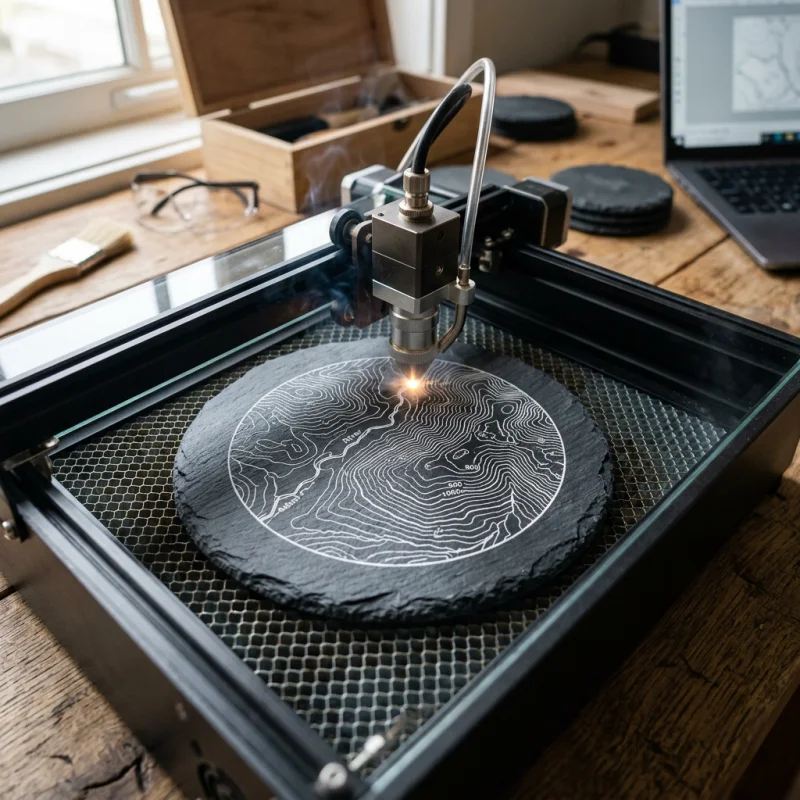 CO2 laser etching precise white topographic map lines onto a dark slate coaster