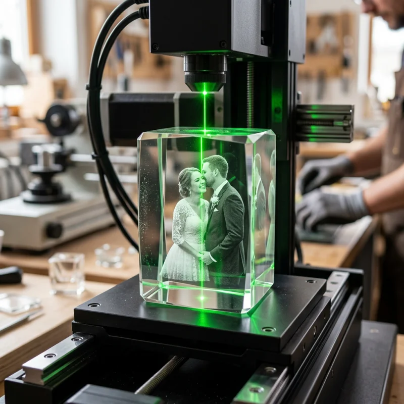 A green laser focusing inside an optical K9 crystal block to generate a 3D subsurface wedding portrait