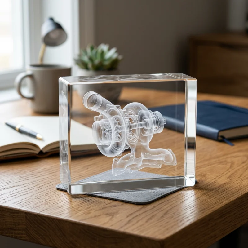 K9 optical crystal block showing precise 3D subsurface laser engraving of an engineering model