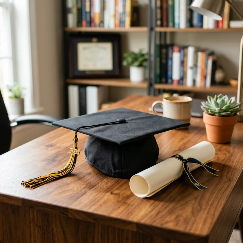 Chapeau de diplômé et diplôme posés sur un bureau en bois