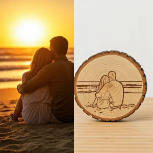 Rustikale Jubiläumsscheibe aus Holz, liebevoll graviert mit personalisierten Namen und einem wichtigen Datum.