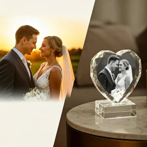 Close-up of a personalized 3D crystal heart showcasing a glowing wedding portrait of a newlywed couple.