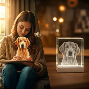 3D crystal pet photo capturing a pet's spirit, perfect as a unique pet gift or memorial crystal.