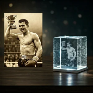 Close-up of a personalized 3D laser engraved crystal cube showcasing a cherished photo, symbolizing remembrance and immortalized moments.