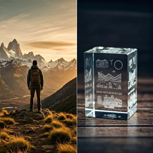 Cadeau en cristal gravé au laser montrant une carte du monde et une boussole, conçu pour les aventuriers et les explorateurs.