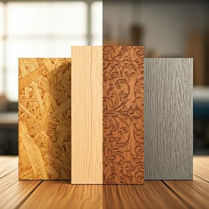 Muster von Sperrholz, MDF und HDF Holzwerkstoffen mit lasergravierten Designs, zum Vergleich der idealen Materialien für die Gravur.