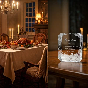 Crystal memorial frame with a cherished family photo, set on a Thanksgiving table to honor loved ones.