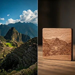 Souvenirs de voyage en bois gravés au laser avec des cartes personnalisées et des horizons emblématiques de la ville.