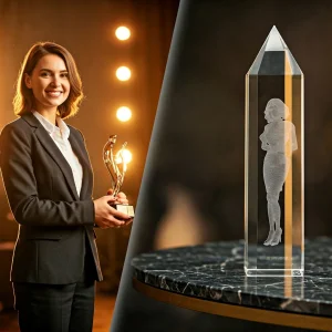 Six laser-engraved crystal awards honoring employee excellence for year-end recognition.
