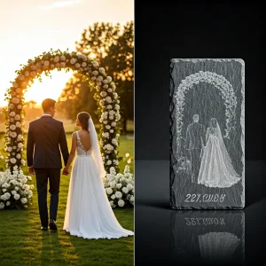 Custom engraved stone wedding keepsake, a personalized heirloom gift for couples.