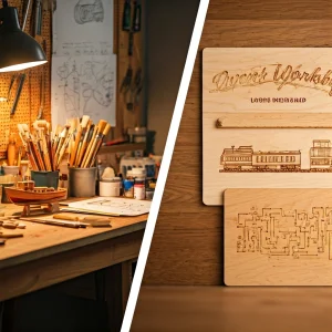 Décor en bois gravé au laser, panneaux personnalisés et accessoires disposés dans un espace de loisirs créatifs chaleureux.