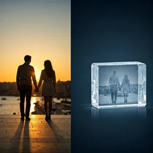 Đồ lưu niệm bằng pha lê chạm khắc có họa tiết du lịch như bản đồ và quả địa cầu, kỷ niệm chuyến hành trình của cặp đôi.