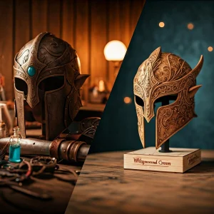 Expositores de madeira gravados personalizados apresentando vários adereços e acessórios de cosplay, ilustrando ideias criativas de organização.