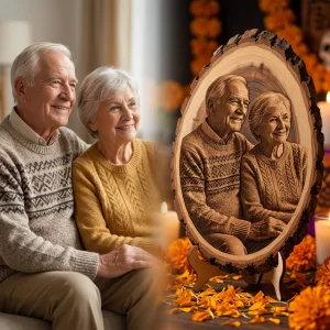 Laser engraved wooden memorial photo of grandparents displayed on a Dia de los Muertos altar.