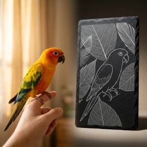 Recuerdos de piedra grabados a láser con motivos de hojas y plumas para conmemorar mascotas pequeñas