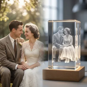 Personalized 3D laser engraved crystal photo gift featuring a romantic couple for an anniversary memorial.