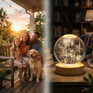 Glowing custom crystal photo light displaying a family picture on a desk in a cozy college dorm room.