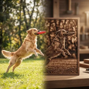 Detailed laser engraved pet photo etched into a durable hardwood plaque keepsake.