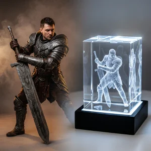 Custom 3D laser etched K9 crystal glass featuring a detailed cosplay memorabilia design