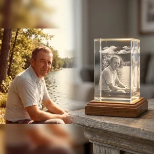 Laser etched crystal photo memorial showcasing a detailed 3D engraved family portrait.