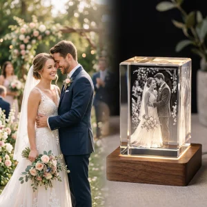 3D laser engraved glass crystal photo keepsake featuring a bride and groom on their wedding day