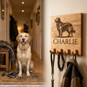 Laser engraved wooden dog leash holder and personalized pet organizer mounted in a clean entryway.