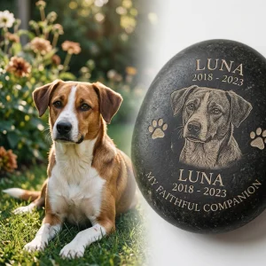 Customized laser engraved dog memory rock keepsake and pet plaque celebrating a Gotcha Day.