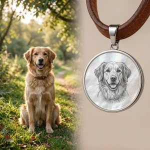 Tag kalung anjing ukir laser kustom dengan potret anjing pada liontin kerang mutiara untuk hadiah Hari Adopsi