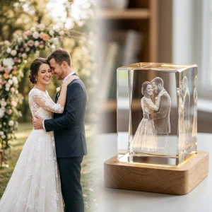 Subsurface laser etching a wedding photo portrait inside a custom 3D glass crystal gift.