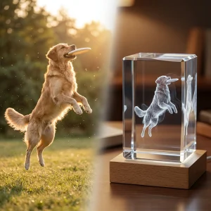 Custom 3D laser engraved crystal pet portrait showing a dog captured in a high-speed action shot.
