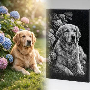 Custom laser-engraved dog memory stone crafted for a durable outdoor pet memorial.