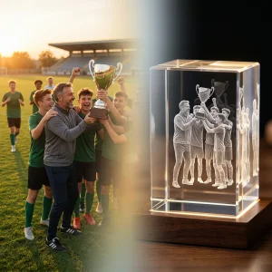 Custom 3D laser engraved photo crystal gift with an etched team photo for a coach keepsake