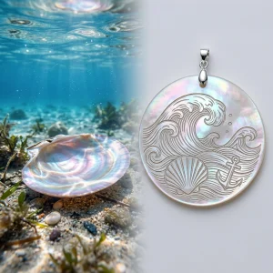 UV laser beam engraving an iridescent mother-of-pearl nacre shell while preventing heat delamination