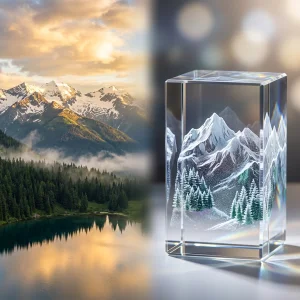 Focused laser beam performing 3D subsurface engraving inside a clear K9 optical crystal cube.