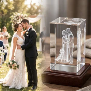 Laser engraved 3D photo crystal wedding keepsake featuring a romantic couple portrait inside clear glass