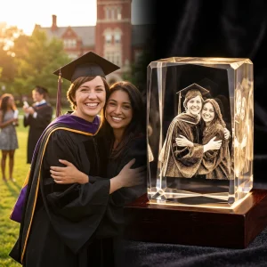 Laser engraved 3D crystal graduation gift featuring a personalized photo of a graduate in a cap and gown.