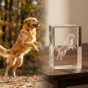 3D-Glaskristallblock aus K9-Optikglas mit per Laser eingraviertem Hundeportrait.