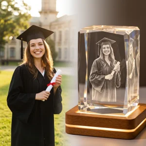 Custom 3D laser etched graduation portrait inside a clear K9 optical crystal glass block