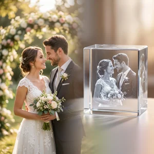 3D laser-engraved optical crystal glass wedding keepsake cube with detailed sub-surface etching