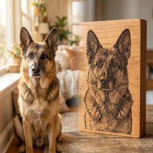 Targa commemorativa in legno di ciliegio con ritratto di cane inciso a laser e nome personalizzato.