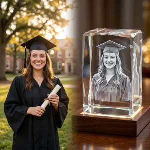 Custom 3D laser engraved photo crystal graduation gift showcasing a detailed graduate portrait