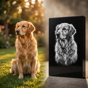 Laser engraver etching a detailed pet memorial portrait onto a polished black granite stone.