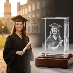 Faisceau laser vert gravant une photo 3D détaillée au cœur d'un bloc de cristal optique.